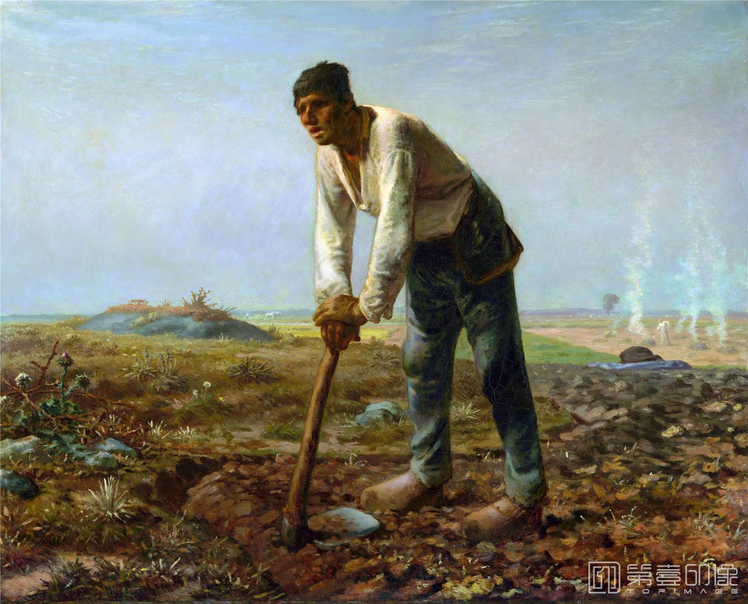 油画-美国洛杉矶保罗盖蒂美术馆-Милле Жан-Франсуа (1814 Грюши близ Шербура - 1875 Барбизон) - Крестьянин с мотыгой (80х99 см) 1860-62-213